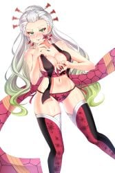 1ien big_breasts black_nails cleavage daki_(kimetsu_no_yaiba) demon_girl demon_slayer eyeshadow facial_markings female female_only gradient_hair green_eyes hair_ornament hourglass_figure kimetsu_no_yaiba lingerie long_fingernails long_hair looking_at_viewer nail_polish navel obi sharp_fingernails side-tie_panties smile solo sweat sweatdrop thick_thighs thighhighs thin_waist two_tone_hair white_hair