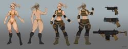 1girls armor assault_rifle benjamin_widdowson bikini blonde_hair character_profile commission grey_background gun kathrine_beatrix_(hawk) keebs_(hawk) mercenary pistol ponytail pose posing simple_background