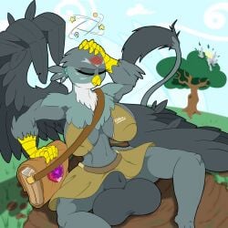 animal_genitalia anthro anthrofied avian balls big_balls bottomwear breasts clothed clothing feathers friendship_is_magic ftg_crossgender fti_crossgender fully_sheathed futanari gabby_(mlp) genitals grey_body grey_feathers gryphon gynomorph hi_res intersex my_little_pony mythological_avian mythology no_underwear rule_63 sanyo2100 sheath skirt