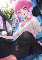 1girls bare_shoulder computer dripping female_focus glasses hiiragi_mikoto looking_at_viewer low-angle_view medium_breasts melting_clothes microphone mug open_mouth pink_eyes pink_hair plant sae_(vtuber) screen sitting slime_girl smile solo_female tongue virtual_youtuber