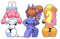 2022 3girls absurd_res animal_crossing animal_ears anna_lindhurst_(cosplay) anthro aoi_kanda_(cosplay) artist_name ass ass_cleavage back backboob big_ass black_bra black_panties blonde_hair blue_body blue_clothing bow bra braid breasts brown_hair bunny_ears bunny_tail butt_crack cat_ears cat_tail cheerleader cosplay crossover elephant elephant_ears elephant_humanoid elephant_tail eloise_(animal_crossing) facing_away feline feline_humanoid female female_only french_braid furry hair_ribbon hands_behind_head hands_on_head hands_on_hips highres large_breasts long_hair long_ponytail medium_breasts midriff minus8 multiple_girls nintendo osu!_tatakae!_ouendan panties pink_hair ponytail rabbit rabbit_ears rabbit_humanoid raised_tail ribbon rosie_(animal_crossing) ruby_(animal_crossing) sayaka_amemiya_(cosplay) sideboob simple_background standing tail take_your_pick thighs tied_hair twintails underboob underwear url watermark white_background white_body yellow_body