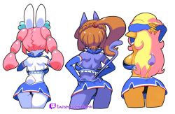 2022 3girls absurd_res animal_crossing animal_ears anna_lindhurst_(cosplay) anthro aoi_kanda_(cosplay) artist_name ass back backboob bare_shoulders big_ass black_bra black_panties blonde_hair blue_body blue_clothing blue_gloves blue_skirt bow bra braid breasts bridal_gauntlets brown_hair bunny_ears bunny_tail cat_ears cat_tail cheerleader cheerleader_uniform cosplay crop_top crossover elbow_gloves elephant elephant_ears elephant_humanoid elephant_tail eloise_(animal_crossing) facing_away feline feline_humanoid female female_only french_braid furry gloves hair_ribbon hands_behind_head hands_on_head hands_on_hips highres large_breasts long_hair long_ponytail medium_breasts midriff miniskirt minus8 multiple_girls nintendo osu!_tatakae!_ouendan panties pantyshot pantyshot_(standing) pink_hair ponytail rabbit rabbit_humanoid raised_tail ribbon rosie_(animal_crossing) ruby_(animal_crossing) sayaka_amemiya_(cosplay) sideboob simple_background skirt standing tail take_your_pick thighs tied_hair twintails underwear url watermark white_background white_body yellow_body