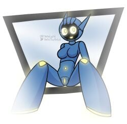 1girls ava_(bor_sosnovy) bor_sosnovy female geometry_dash glowing_eyes glowing_pussy robot robot_girl spread_legs yellolight