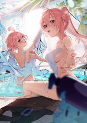 2girls bottle clone dripping eyebrows_visible_through_hair flower glasses highres hiiragi_mikoto medium_breasts mostly_nude multiple_girls open_mouth painted_nails partially_submerged pink_eyes pink_hair plant ponytail pool reaching_out sae_(vtuber) slime slime_clothing slime_girl thighs towel virtual_youtuber wet