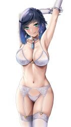 1girls abs absurd_res armpits arms_up bangs belly_button big_breasts blue_hair blush braid braided_hair breasts buko_(bukosuki) choker cleavage collar collarbone earrings female garter_belt garter_straps genshin_impact gloves green_eyes hi_res highres hips hoyoverse huge_breasts lace lace-trimmed_bra lace-trimmed_thighhighs large_breasts light-skinned_female light_skin lingerie looking_at_viewer midriff mihoyo mole mole_on_breast plain_background shiny_skin short_hair simple_background slim_waist small_waist smile solo standing thick thick_thighs thigh_highs thighhighs thighs tongue tongue_out waist white_background white_gloves white_legwear white_lingerie white_panties wide_hips yelan_(genshin_impact)