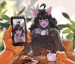 2021 anthro beverage big_breasts black_hair black_nose blue_eyes breasts cafe cellphone closed_eyes clothed clothing coffee didihell duo eirwen_vaan felid feline fellatio female female_focus first_person_view food fur genitals grey_body grey_fur hair hi_res holding_cellphone holding_object holding_penis holding_phone holding_smartphone hollandworks juxtaposition lion male male/female mammal markings oral pantherine penile penis phone ruined_reputation sandwich_(food) sex smartphone snow_leopard solo_focus story story_in_description stripes sweater tan_body tan_fur topwear