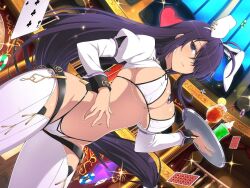 ahoge animal_ears antenna_hair bikini black_hair bow bowtie breasts bunny_ears casino crossover fake_animal_ears female groin hair_ornament hair_over_one_eye highleg holding ikkitousen indoors jewelry juliet_sleeves kan'u_unchou large_breasts long_hair long_sleeves navel official_art playboy_bunny puffy_sleeves purple_hair rabbit_ears senran_kagura senran_kagura_new_link socks solo standing swimsuit thigh_socks thighhighs tray white_bikini white_legwear white_socks wrist_cuffs yaegashi_nan