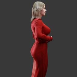 1girls 3d amelie_(death_stranding) big_breasts black_background blonde_hair death_stranding dress light-skinned_female mature_female milf red_dress reikosfm side_view