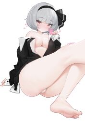 arm_support ass bangs black_hairband black_shirt blunt_bangs blush bow breast_pocket breasts brown_eyes cleavage collared_shirt condom eyebrows_visible_through_hair feet female foreshortening hairband hairbow heart highres leaning_back long_sleeves looking_at_viewer medium_breasts naughty_face no_bra no_legwear nujig off_shoulder original panties pantyshot partially_unbuttoned partially_visible_vulva pocket shirt short_hair signature silver_hair simple_background sitting smile thighs tsurime underwear unopened_condom_wrapper white_background white_panties