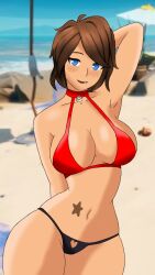 1girls beach bikini blue_eyes brown_hair fortnite freckles looking_at_viewer tntina tntinaxxx