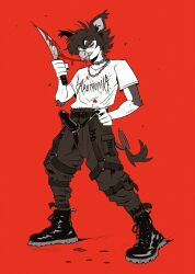 andromorph anthro band_shirt bedroom_eyes black_and_white blep blood blood_drip blood_on_clothing blood_on_face blood_on_weapon bodily_fluids boots chain_necklace clothing cuntboy cutlery dildo ear_tuft elbow_tufts footwear gore half-closed_eyes hi_res hock_(marrowsoup) intersex inviting kitchen_knife kitchen_utensils knife leather leather_boots leather_clothing leather_footwear looking_at_viewer lube lube_drip lube_on_dildo lube_on_sex_toy mammal marrowsoup monochrome narrowed_eyes red_background seductive sex_toy shirt simple_background smile smirk smug smug_face smug_grin solo strapon suid suina sus_(pig) t-shirt tongue tongue_out tools topwear tripp_pants tuft tusks weapon wild_boar