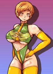 armpits breasts light-skinned_female light_skin looking_at_viewer nipples persona persona_4 satonaka_chie shadow_(persona) shin_megami_tensei short_hair sweat sweaty_tomboy thighhighs thighs tomboy voluptuous