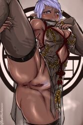 anus ass athletic_female china_dress chinese_clothes dark-skinned_female dark_skin drunkrembrancer elbow_gloves eldar gyaru_eldar_(drunkrembrancer) naughty_face presenting pussy standing_on_one_leg thick_thighs thighhighs warhammer_(franchise) warhammer_40k white_hair