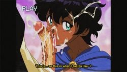 1boy 1girls black_clover black_hair blue_rose_uniform cum cum_on_face dark-skinned_female dark_skin dirtyero_(artist) green_eyes interracial licking licking_penis looking_at_viewer oral pillarbox retro_artstyle sol_marron text