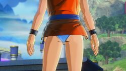 1girls 3d ass chichi's_armor dragon_ball dragon_ball_xenoverse female original_character panties screencap son_goku_(cosplay) upskirt