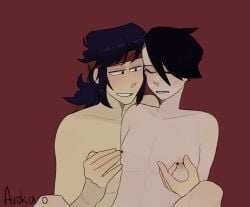 2boys avoka_o biting_lip black_eyes black_hair blush blushes brawl_stars closed_eyes completely_nude ear_piercing edgar_(brawl_stars) emo fang_(brawl_stars) looking_at_nipple looking_at_partner looking_at_penis male_only nipple_piercing nipple_play nude nude_male piercing ponytail purple_hair supercell