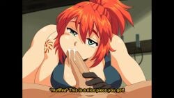 1boy 1girls ass_up blowjob cum cum_in_mouth dirtyero_(artist) english_text fellatio gloves green_eyes holding_penis looking_at_viewer mouth_bulge orange_hair pillarbox pov pov_eye_contact retro_artstyle sucking_penis tagme tattoo text