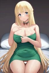 animated bangs bare_shoulders blue_eyes blush bouncing_breasts breasts breasts_out censored clothes_pull collarbone dress dress_pull female green_dress heart_censor large_breasts long_hair looking_at_viewer neptunia_(series) nipples nopan pussy sayika solo thigh_gap vert