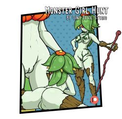 absurd_res close-up dryad elemental_creature female flora_fauna green_body green_hair green_skin hair hi_res humanoid monster_girl_hunt nude plant plant_clothing plant_hair pseudo_hair red_eyes solo spread_legs spreading tinydevil tree_bark