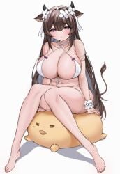 absurdres animal_ears azur_lane bandaid bandaid_on_head barefoot bikini blush breasts brown_hair cleavage commentary cow_ears cow_horns cow_tail criss-cross_halter english_commentary expressionless eyebrows_visible_through_hair female flower full_body hair_between_eyes hair_flower hair_ornament hair_ribbon halterneck highres horns kashino_(azur_lane) kashino_(hot_springs_relaxation)_(azur_lane) knees_together_feet_apart lamsass large_breasts long_hair looking_at_viewer manjuu_(azur_lane) navel official_alternate_costume parted_lips purple_eyes ribbon simple_background sitting solo string_bikini swimsuit tail white_background white_bikini white_ribbon wrist_cuffs