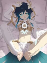 1boy angel angel_wings blue_eyes blue_hair blush braid bulge cloak erection feet femboy genshin_impact hi_res looking_at_viewer luye_yuan lying male_focus male_only midriff navel on_bed pillow pov pov_feet shorts soles submissive submissive_male thighhighs toes trap twin_braids venti_(genshin_impact)