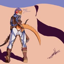 alikr anthro archer argonian ass bethesda_softworks blue_eyes bottomwear bow_(weapon) clothing desert female foxmelra genitals heat_(temperature) hi_res hotpants orange_body pants pussy ranged_weapon scalie shorts solo tail the_elder_scrolls the_elder_scrolls_online translucent video_games weapon