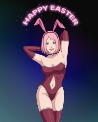 abs armpit_crease armpits boruto:_naruto_next_generations bunny_ears bunny_girl bunnysuit choker collar gloves light-skinned_female looking_at_viewer naruto naruto_(series) naruto_shippuden navel necklace pale-skinned_female pink_hair red_socks sakura_haruno short_hair smiling smiling_at_viewer socks solo solo_female starcry tagme thigh_socks thighhighs