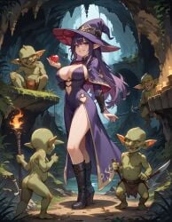 ai_generated cleavage cleavage_dress elf elf_ears goblin goblin_male heart-shaped_gem historyia original original_character pointy_ears purple_dress purple_eyes purple_hair thigh_slit witch witch_gem_disaster witch_hat