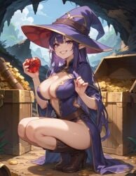 ai_generated cleavage cleavage_dress elf elf_ears heart-shaped_gem historyia original original_character pointy_ears purple_dress purple_eyes purple_hair smile thigh_slit treasure witch witch_gem_disaster witch_hat