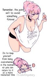 2020s 2024 bending_forward big_breasts black_eyes chibi choker cleavage collarbone english_text hair_up heart light-skinned_female motivational nipple_bulge pink_hair potato shorts solo sparkles sparkly_hair super_deformed sweet_potato_(theshunbun) tank_top text_on_clothing theshunbun thick_thighs white_background