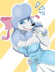 1girl 1girls 2023 2023s 2d 2d_(artwork) 2d_artwork anthro blue_eyes blue_fur blue_hair bracelet breasts bustier canid canine canis cleavage clothing diagonal_angle digital_drawing_(artwork) digital_media_(artwork) disney domestic_dog eyelashes eyeliner eyeshadow female female_focus female_only fingers fur furry furry_female georgette georgette_(disney) georgette_(oliver_and_company) gold_collar hair hair_accessory hi_res jewelry jpeg looking_at_viewer makeup mammal oliver_and_company open_mouth open_smile pink_ribbon pompadour poodle poofy_hair princess_dress ribbon ribbons ring ring_(jewelry) smile solo solo_female solo_focus white_body zebra10045