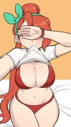 1girl 1girls covering_eyes female female_only huge_breasts hyyun june_(hyyun) orange_hair selfie shirt_lift underwear