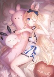 1girl animal_ears bangs bare_arms bare_shoulders blonde_hair blue_eyes blue_ribbon blurry bow bunny_ears bunny_girl character_name choker depth_of_field dress eyebrows_visible_through_hair female hair_between_eyes hair_bow hair_ribbon heart heart_pillow long_hair looking_at_viewer lying one_eye_closed open_mouth pillow pointy_chin ribbon sleeveless solo striped stuffed_animal stuffed_bunny stuffed_toy very_long_hair virtual_youtuber vyugen white_dress yenko