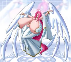 abstract_background angel big_breasts big_butt breast_grab breastplay breasts bursting_breasts clothed_female halo huge_breasts jenna massive_breasts naked_female omnierasis pink_eyes pink_hair