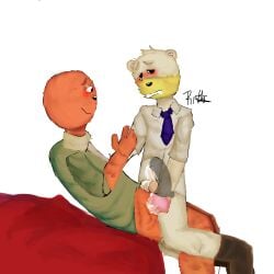 31_minutos beige_fur blue_tie bongo_stingo cum cum_on_the_legs dick_inside gay green_suit jackson_aceituno member orange_fur small_penis tears tears_in_eyes tears_of_pain white_suit yellow_fur