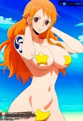 ai_generated arms_up big_ass big_breasts brown_eyes curvy juanpi_amvs long_hair nami nami_(one_piece) ocean one_piece orange_hair patreon patreon_username sea seaside semi_nude standing stars_on_nipples subscribestar subscribestar_username tatoo watermark