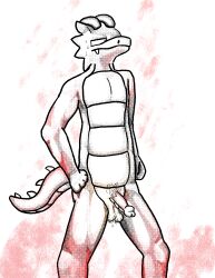 absurd_res anthro balls bodily_fluids cringeboye dragon dripping genitals halftone halftone_shading hi_res line_art line_art_only male mythological_creature mythological_scalie mythology penis pubes scalie solo sweat wingless_dragon