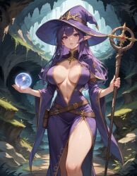 ai_generated cleavage cleavage_dress elf elf_ears historyia orb original original_character pointy_ears purple_dress purple_eyes purple_hair staff thigh_slit witch witch_gem_disaster witch_hat