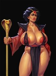 aladdin big_breasts bimbo black_hair boobsgames breasts busty disney disney_villains dress eyeshadow female female_focus female_only gender_bender hourglass_figure jafar large_areolae large_breasts makeup puffy_nipples rule_63 skin_tight skin_tight_dress wide_hips