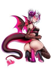 archimedesu100 ass big_tail dildo futa_only futanari hair_buns harness high_heels pointy_ears qipao riding_dildo succubus vt_faye white_hair wings