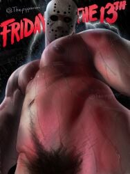 bara big_breasts detailed friday_the_13th jason_voorhees male_only nude pubic_hair raining solo solo_male