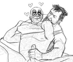 2boys arm_lock deadpool deadpool_&_wolverine_(2024) erection faceless_male gay handjob heart male male/male marvel mask monochrome muscular_male penis penis_grab scar short_hair smile wade_wilson wolverine_(x-men) x-men yankaton yaoi