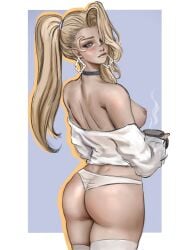 1girls 2d ass big_ass black_choker blonde_female blonde_hair blue_eyes breasts choker coffee coffee_mug dagger_(marvel) dagger_(marvel_rivals) exposed_breasts exposed_pussy hi_res highres hot_coffee light-skinned_female light_nipples light_skin long_hair long_hair_female looking_at_viewer looking_back marvel marvel_rivals nipples panties pinup ponytail shirt_down simple_background solo solo_female tandy_bowen thick_thighs thighhigh_socks thighhighs topless whailsart white_earrings white_panties white_shirt white_socks