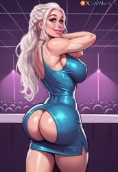 2d 2d_(artwork) 2d_artwork ai_generated ass ass_focus bimbo bimbo_body bimbo_lips bimbofied blonde_female blonde_hair blonde_hair_female blue_eyes butt_crack clubbing daenerys_targaryen dress dressed exposed_ass game_of_thrones gameofbimbos hard_nipples looking_back modern_setting night_club pink_lips pink_lipstick platinum_blonde_hair seducing seductive seductive_pose skimpy skimpy_dress toned toned_female