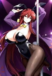 ai_generated black_bunnysuit black_thighhighs breasts bunny_ears bunny_suit bunnysuit hair_ribbon hairbow hips huge_breasts kotohime kotohime_(touhou) low-tied_long_hair nightclub open_clothes pole pole_dancer pole_dancing purple_coat purple_kimono red_eyes red_hair smile solo thighhighs thighs touhou touhou_(pc-98) yellow_bow yellow_ribbon