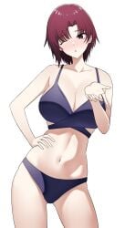 absurdres alexandernadeau bare_shoulders bazett_fraga_mcremitz bikini blowing_kiss blush breasts cleavage collarbone contrapposto fate/grand_order fate/hollow_ataraxia fate/stay_night fate_(series) female hand_on_own_hip highres large_breasts looking_at_viewer navel one_eye_closed purple_bikini purple_hair red_eyes short_hair solo swimsuit thighs