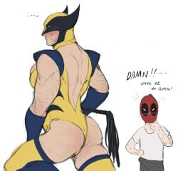 2boys adapted_costume ass back baimonbluewhale big_ass blush bulge_through_clothing deadpool english_text erection_under_clothes gay gloves hairy hairy_male holding_whip james large_pectorals leotard logan_(x-men) male_only marvel marvel_comics mask muscular_male revealing_clothes shirt thighs wade_wilson wolverine_(x-men) x-men yaoi