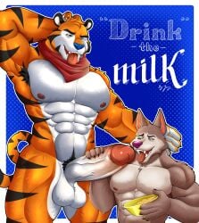 2024 absurd_res anthro balls biceps big_penis canid canine canis cereal chip_the_wolf cookie_crisp digital_media_(artwork) duo erection felid fellatio food frosted_flakes fur genitals hi_res humanoid_genitalia humanoid_penis jirux kellogg's male male/male mammal mascot muscular muscular_anthro muscular_male nipples nude open_mouth oral orange_body pantherine pecs penile penis sex simple_background smile tail tiger tongue tony_the_tiger wolf