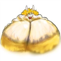 big_breasts big_lips breasts_bigger_than_head cartoonmeat green_eyes huge_breasts hyper_breasts kitsune massive_breasts muscular_anthro muscular_female red_lips red_lipstick yellow_fur yellow_hair