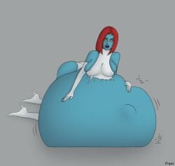 belly big_belly blue_skin clothing erect_nipples erect_nipples_under_clothes ergos female huge_belly large_breasts marvel marvel_comics mystique nipple_bulge red_hair same_size_vore vore x-men